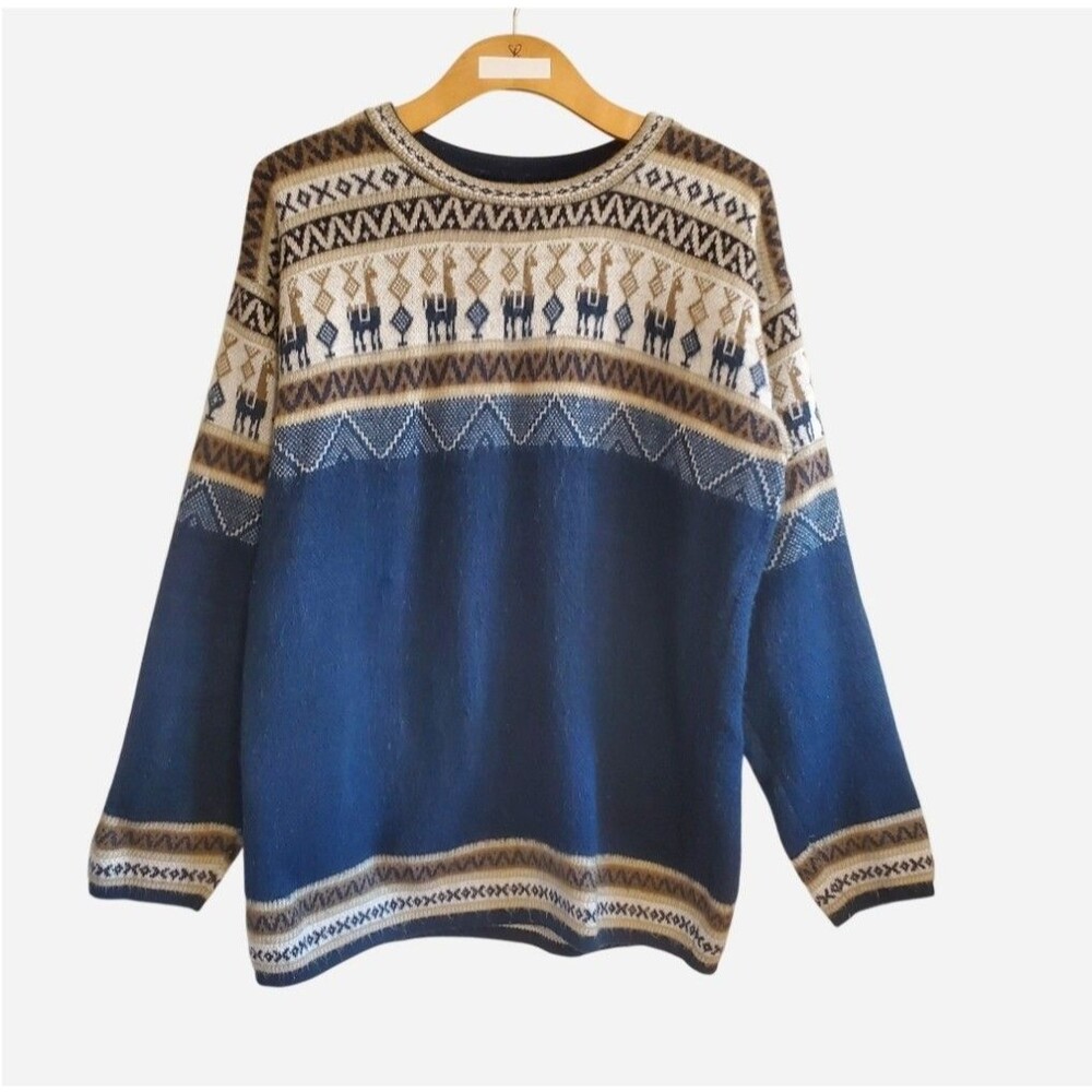 Inti 100% Wool Llama fair isle Sweater traditional Andean Artisan Unisex Size L
